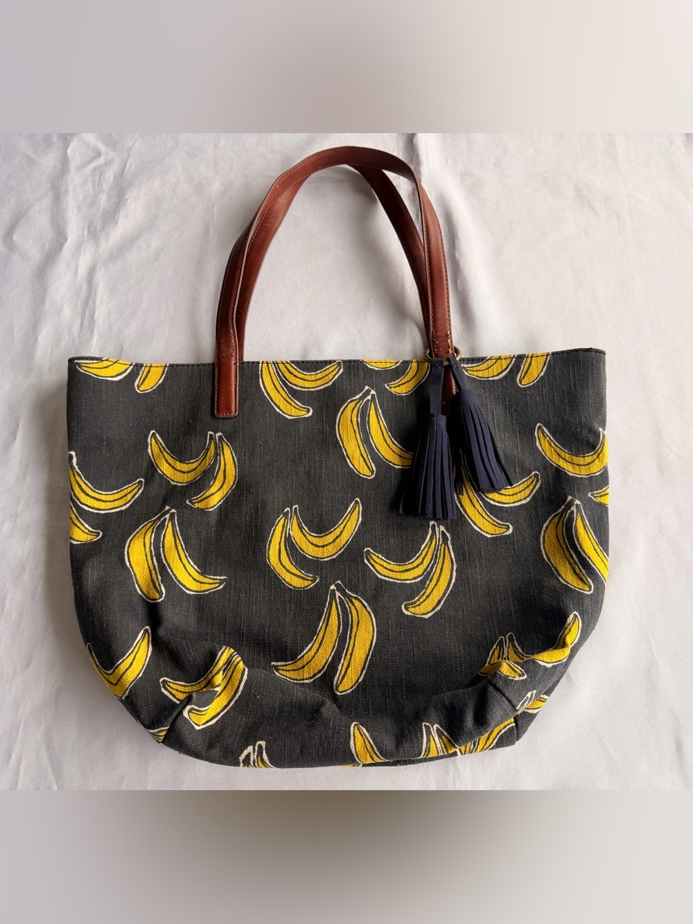 Lucky Brand Key West Banana Print Dark Denim Canvas & Leather Tote